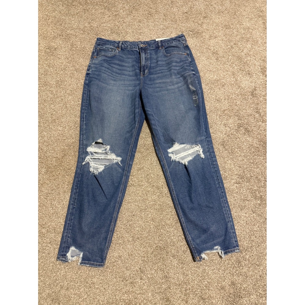 American Eagle Curvy Mom Jeans 18 Long Medium Vintage Wash Distressed Stretch